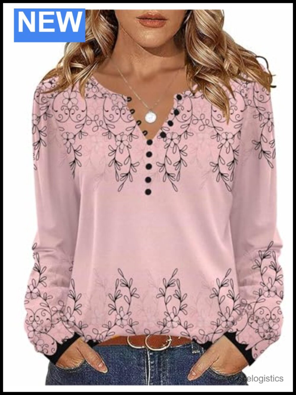 V Neck Long Sleeve Button Up Floral Tunic Blouse Pullover Top